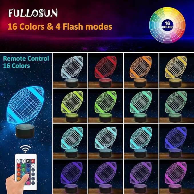 FULLOSUN Football 3D Night Light, American Football 3D Illusion Lamp for Kids with Remote 16 Colors Changing, Creative Birthday Rugby Gifts for Boy Girl Bedroom Decoration - LeafyLoom
