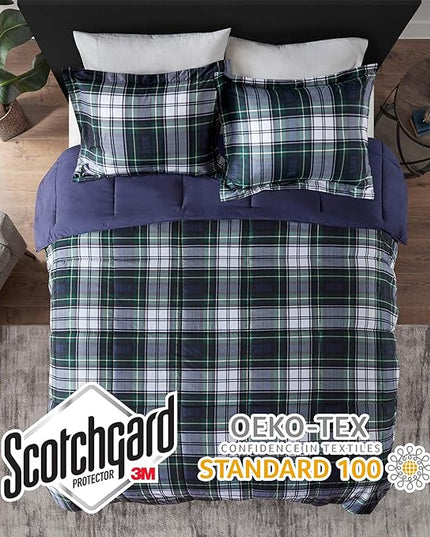 Madison Park Essentials Parkston Plaid Comforter, Matching Sham, 3M Scotchguard Stain Release Cover, Hypoallergenic All Season Bedding-Set, Twin/TwinXL, Navy, 2 Piece - LeafyLoom