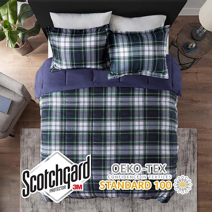 Madison Park Essentials Parkston Plaid Comforter, Matching Sham, 3M Scotchguard Stain Release Cover, Hypoallergenic All Season Bedding-Set, King/California King, Navy, 3 Piece - LeafyLoom