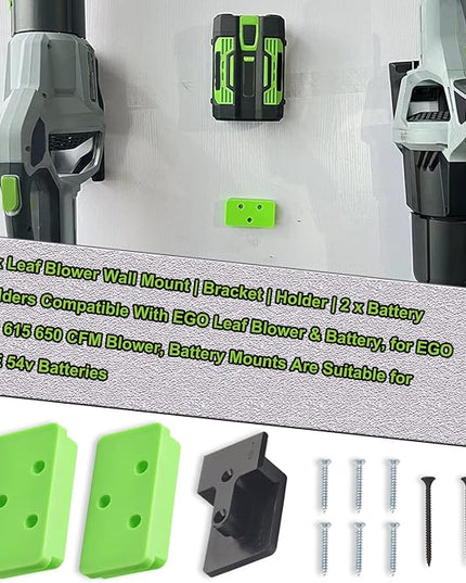 DECKMAN 1 x Leaf Blower Wall Mount | Holder | 2 x Battery Holders Compatible with EGO Leaf Blower/Battery, Blower Wall Mount for EGO 530 615 650 CFM Blower, Battery Mounts Fit for EGO 54v Batteries - LeafyLoom