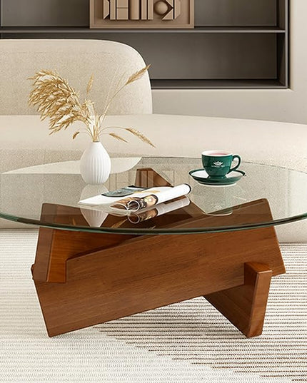 Coffee Table, Round Coffee Table for Living Room Modern Glass Coffee Table with Solid Wood Legs Farmhouse Mid Century Center Table Large Circle Cocktail Table (Walnut + Transparent, 31.5in) - LeafyLoom
