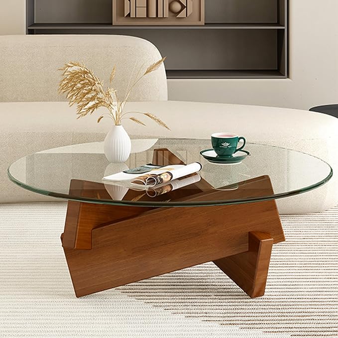 Coffee Table, Round Coffee Table for Living Room Modern Glass Coffee Table with Solid Wood Legs Farmhouse Mid Century Center Table Large Circle Cocktail Table (Walnut + Transparent, 31.5in) - LeafyLoom