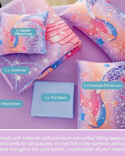 RYNGHIPY Full Bed in a Bag for Kids Teens Girls 6 Pieces, Soft Bedding for All Seasons, Cute Mermaid Tail Kids Bedding Set, Leightweight Girls Fluffy Bed Set - LeafyLoom