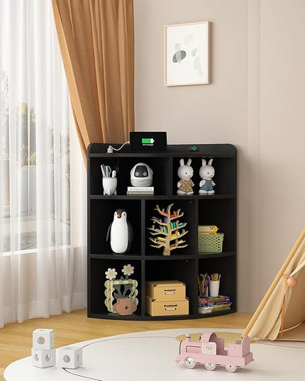 Vecelo 3-Tier Corner Cabinet with USB Outlet, 8 Cubbies Wooden Cube Storage Organizer, Corner Bookshelf Units for Playroom, Bedroom, Living Room, Black - LeafyLoom