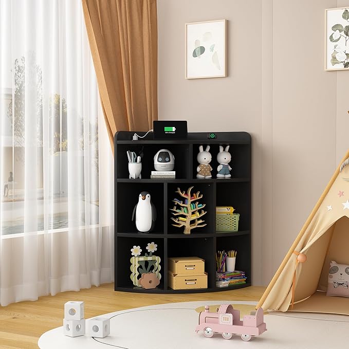 Vecelo 3-Tier Corner Cabinet with USB Outlet, 8 Cubbies Wooden Cube Storage Organizer, Corner Bookshelf Units for Playroom, Bedroom, Living Room, Black - LeafyLoom