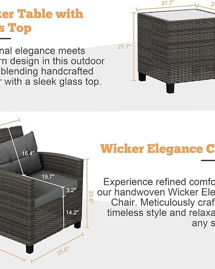 Shintenchi 3 Pieces Patio Furniture Set 3 Pieces PE Rattan Wicker Chairs with Table Outdoor Furniture for Backyard/Garden/Poolside/Outdoor Restaurant Gary Rattan with Gary Cushion - LeafyLoom