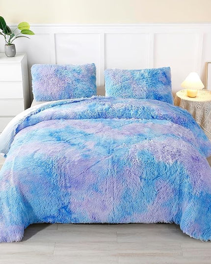 WINLIFE Shaggy Bedding Comforter Set Faux Fur Flannel Furry Comforter Microfiber Plush Comforter Sets Pastel Gradient Ombre Tie Dye MultiColor Bedding for Girls Adults (3Pcs, Queen, Purple Blue) - LeafyLoom