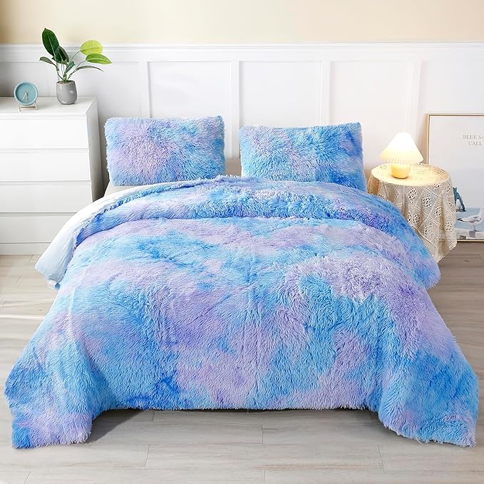 WINLIFE Shaggy Bedding Comforter Set Faux Fur Flannel Furry Comforter Microfiber Plush Comforter Sets Pastel Gradient Ombre Tie Dye MultiColor Bedding for Girls Adults (3Pcs, Queen, Purple Blue) - LeafyLoom