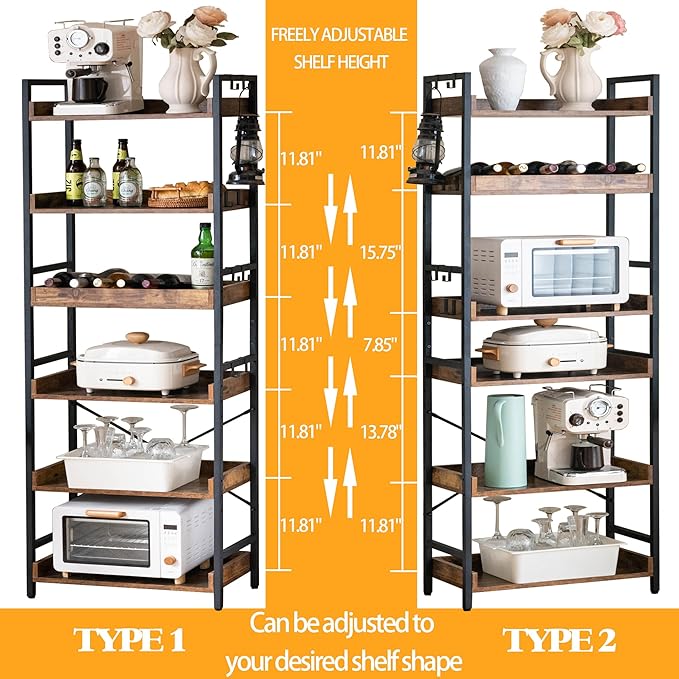 HCHQHS Adjustable 6 Tier Open Bookcase, Rustic Farmhouse Book Shelves, Industrial Wood and Black Metal Bookshelves, Mid Century Bookcase for Home Office Living Room Bedroom - LeafyLoom
