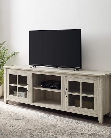 Walker Edison Portsmouth Classic 2 Glass Door TV Stand for TVs up to 80 Inches, 70 Inch, Birch - LeafyLoom