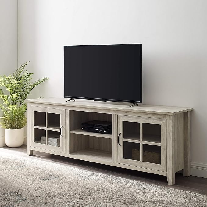Walker Edison Portsmouth Classic 2 Glass Door TV Stand for TVs up to 80 Inches, 70 Inch, Birch - LeafyLoom