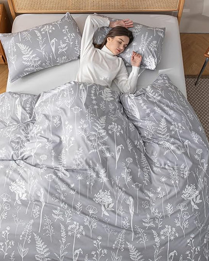 JANZAA Twin Comforter Set Floral Comforter Set Bedding Set White Flower Printing on Gray Comforter with 1 Pillow Case for All Season Using - LeafyLoom
