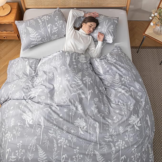 JANZAA Twin Comforter Set Floral Comforter Set Bedding Set White Flower Printing on Gray Comforter with 1 Pillow Case for All Season Using - LeafyLoom