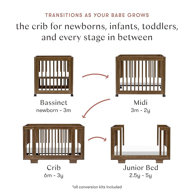 Babyletto Yuzu Convertible All-Stages Bassinet, Midi, Full-Size Crib in Natural Walnut, Greenguard Gold Certified, Portable & Adjustable with Conversion Kits and Pads Included - LeafyLoom