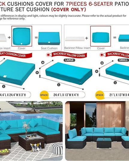 ClawsCover 14Pack Outdoor Seat and Back Cushions Replacement Covers Fit for 7Pieces 6-Seater Wicker Rattan Patio Furniture Set Sectional Couch Chair,Turquoise-Include Cover Only (Small) - LeafyLoom