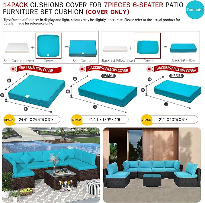 ClawsCover 14Pack Outdoor Seat and Back Cushions Replacement Covers Fit for 7Pieces 6-Seater Wicker Rattan Patio Furniture Set Sectional Couch Chair,Turquoise-Include Cover Only (Small) - LeafyLoom