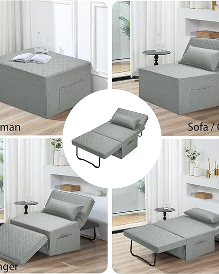 Sofa Bed, 4 in 1 Multi-Function Folding Ottoman Breathable Linen Couch Bed with Adjustable Backrest Modern Convertible Chair for Living Room Apartment Office,Squared-Linen Light Grey - LeafyLoom