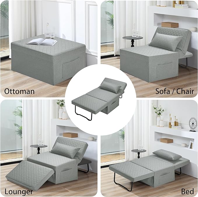 Sofa Bed, 4 in 1 Multi-Function Folding Ottoman Breathable Linen Couch Bed with Adjustable Backrest Modern Convertible Chair for Living Room Apartment Office,Squared-Linen Light Grey - LeafyLoom