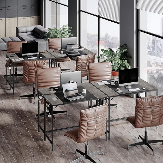 HOOBRO Computer Desk, Home Office Desk with Power Outlet, Modern Study Writing Desk with 3 Hooks for Study Room, Home Office, Sturdy and Stable, Easy to Assemble, Charcoal Gray and Black BC41UDN01 - LeafyLoom