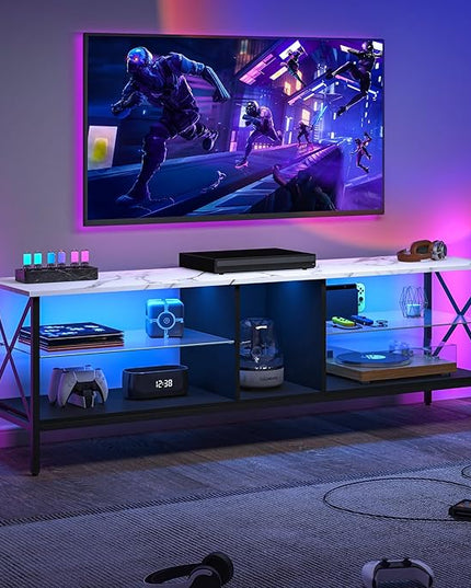 Clikuutory 63 Inch Marble Texture TV Stand with LED Lights for 40 50 55 60 65 70 Inch TVs, 3Tier Modern Metal Television Stands with Entertainment Center and Storage for Living Room, Bedroom, White - LeafyLoom
