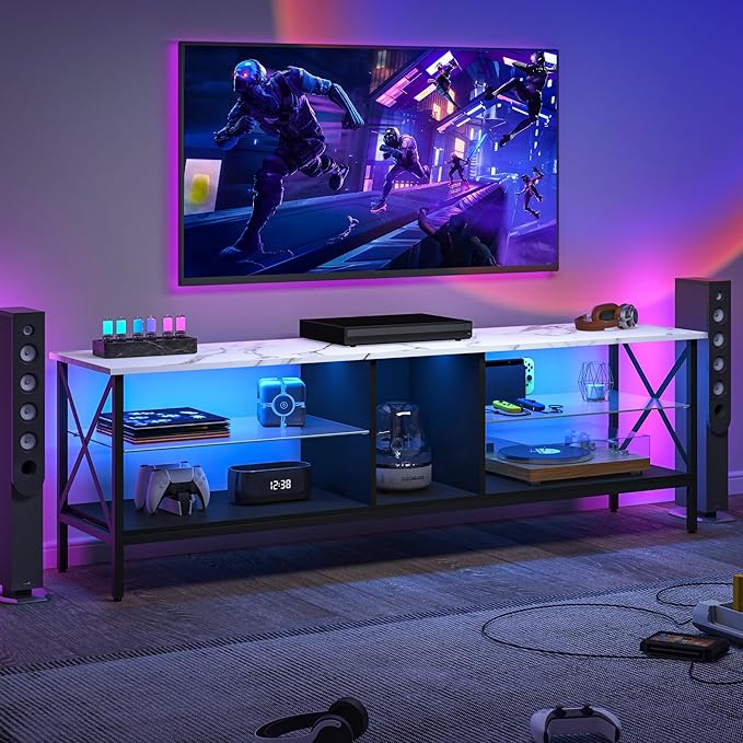 Clikuutory 63 Inch Marble Texture TV Stand with LED Lights for 40 50 55 60 65 70 Inch TVs, 3Tier Modern Metal Television Stands with Entertainment Center and Storage for Living Room, Bedroom, White - LeafyLoom