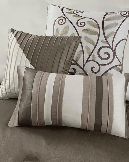 Madison Park Amherst Faux Silk Comforter Set-Casual Contemporary Design All Season Down Alternative Bedding, Matching Shams, Bedskirt, Decorative Pillows, Cal King(104"x92"), Natural, 7 Piece - LeafyLoom