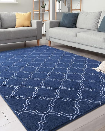Chicrug Shag Geometric Modern Area Rug for Bedroom, 4x6 Feet Memory Foam Indoor Carpet, Fluffy Rug for Living Room Bedside Room Decor for Family Girls Kids Nursery Play Mat, Navy/White - LeafyLoom