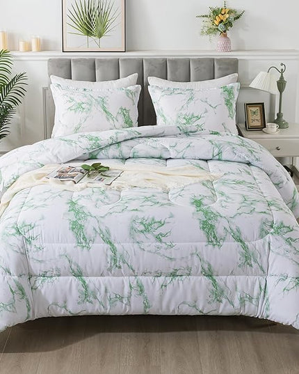 Litanika Sage Green Marble Comforter Queen(90x90lnch), 3Pieces(1 Marble Comforter and 2 Pillowcases) Soft Microfiber Comforter Bedding Set for Men and Women - LeafyLoom