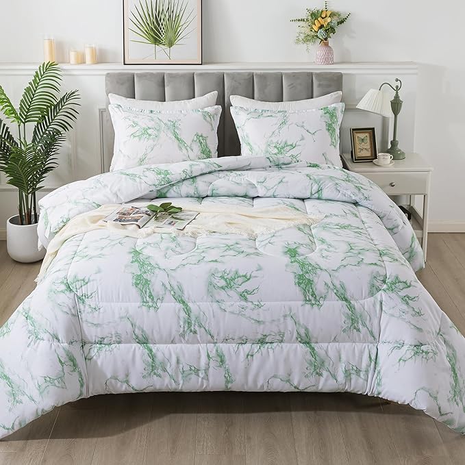 Litanika Sage Green Marble Comforter Queen(90x90lnch), 3Pieces(1 Marble Comforter and 2 Pillowcases) Soft Microfiber Comforter Bedding Set for Men and Women - LeafyLoom