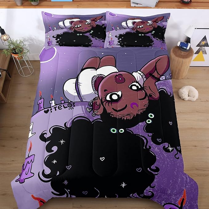 Full Bedding Sets for Girls, African American Black Girl Magic Comforter Set with Girl Lay on Bed, Purple Bed Set for Toddler Kids, Little Girls Bedroom Decor, 1 Comforter with 2 Pillowcases - LeafyLoom