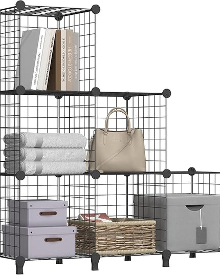 Wolizom Wire Cube Storage, Metal Grids Shelves Bookshelf, Stackable Modular Shelving Organizer, DIY Closet Bookcase Bookshelf, Grid Storage Shelf for Bedroom, Living Room, Office (Black, 6 Cube) - LeafyLoom