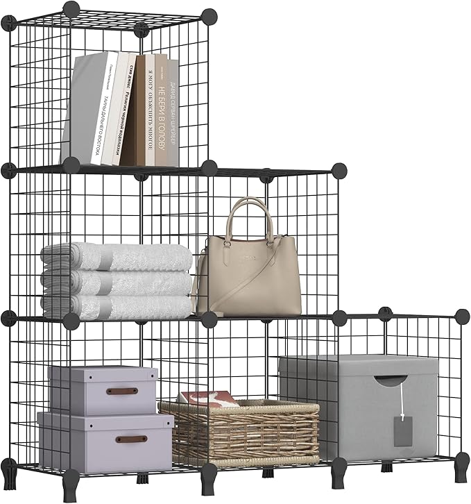 Wolizom Wire Cube Storage, Metal Grids Shelves Bookshelf, Stackable Modular Shelving Organizer, DIY Closet Bookcase Bookshelf, Grid Storage Shelf for Bedroom, Living Room, Office (Black, 6 Cube) - LeafyLoom