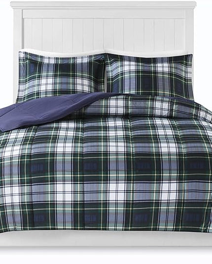 Madison Park Essentials Parkston Plaid Comforter, Matching Sham, 3M Scotchguard Stain Release Cover, Hypoallergenic All Season Bedding-Set, Twin/TwinXL, Navy, 2 Piece - LeafyLoom