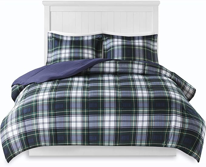 Madison Park Essentials Parkston Plaid Comforter, Matching Sham, 3M Scotchguard Stain Release Cover, Hypoallergenic All Season Bedding-Set, King/California King, Navy, 3 Piece - LeafyLoom