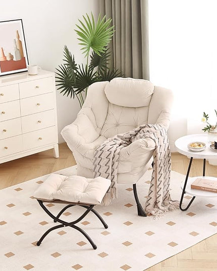 Lazy Chair with Ottoman, Modern Chair with Folding Footrest, Lounge Accent Chair, Comfortable Reading Chair, Oversized Armchairs for Bedroom, Study, Living Room, Courtyard (Beige) - LeafyLoom