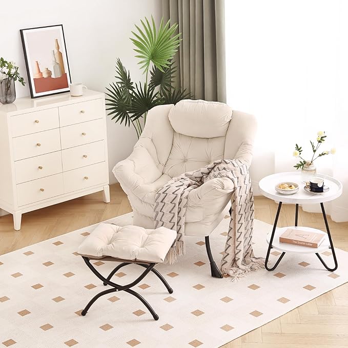 Lazy Chair with Ottoman, Modern Chair with Folding Footrest, Lounge Accent Chair, Comfortable Reading Chair, Oversized Armchairs for Bedroom, Study, Living Room, Courtyard (Beige) - LeafyLoom