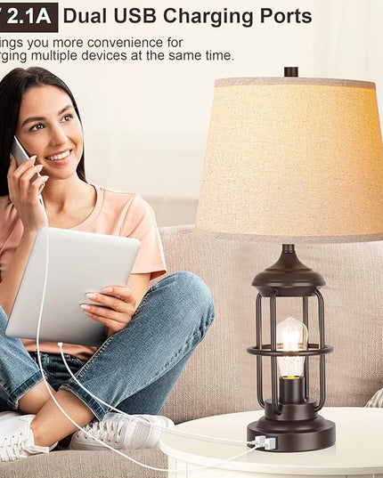 QiMH Table Lamp for Living Room with USB Ports, Touch Control 3-Way Dimmable Bedside Lamp with LED Night Light, Farmhouse Rustic Nightstand Lamp Bedroom Decor(2700K Bulbs Included) - LeafyLoom