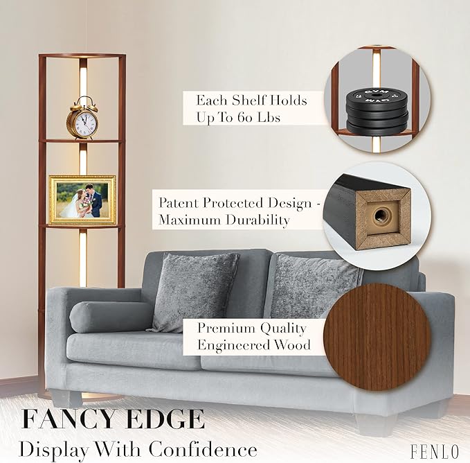 FENLO Fancy - LED Display Shelf with Dimmable Lights, LED Shelf Floor Lamps for Living Room, Sturdy Corner Shelf Curio Cabinet Display, Tall Floor Lamps with Shelves - LeafyLoom