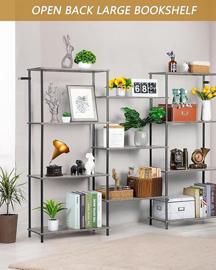 melos 4 Tier Bookshelf, Industrial Bookcase, Large Etagere Bookshelf Open Display Shelves with Metal Frame and 2 Anti-Tipping Strap, Grey - LeafyLoom