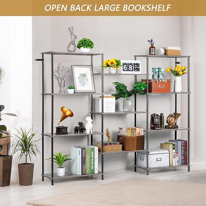 melos 4 Tier Bookshelf, Industrial Bookcase, Large Etagere Bookshelf Open Display Shelves with Metal Frame and 2 Anti-Tipping Strap, Grey - LeafyLoom