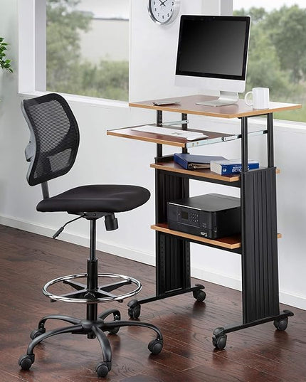 Safco Products 1929CY MUV Mobile Stand-Up Height-Adjustable Desk,Keyboard Storage, Steel Frame Construction, Durable Melamine Laminate Work Surface, 4 Wheels, Narrow Design - LeafyLoom