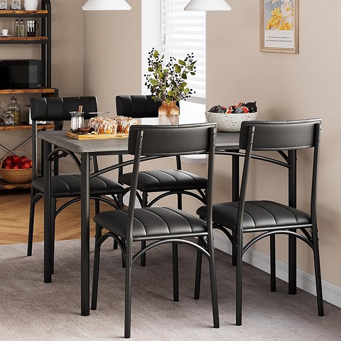 Dining Table Set for 4, Kitchen Table and Chairs, Rectangular Dining Room Table Set with 4 Upholstered Chairs, 5 Piece Kitchen Table Set for Small Space, Apartment, Retro Gray - LeafyLoom