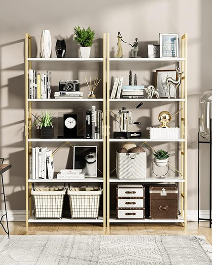 NUMENN 5 Tier Bookshelf, Tall Bookcase Shelf Storage Organizer, Modern Book Shelf for Bedroom, Living Room and Home Office, White/Gold - LeafyLoom
