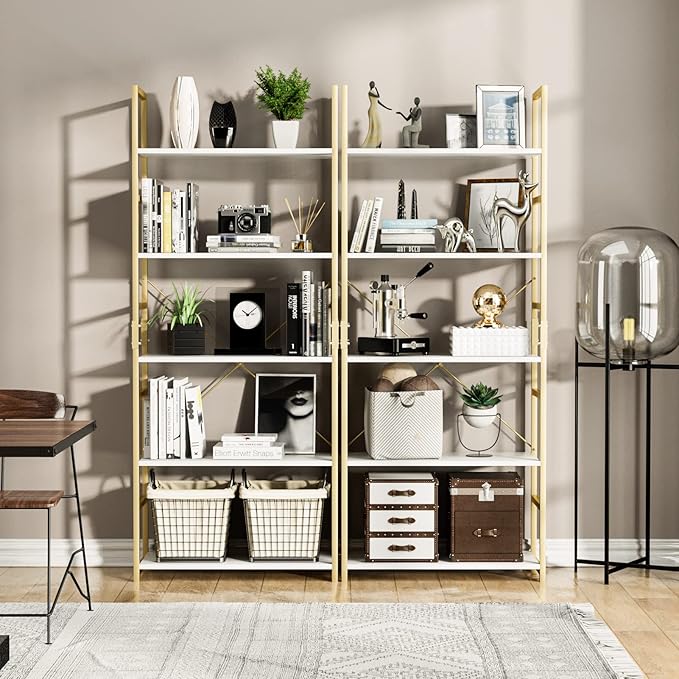 NUMENN 5 Tier Bookshelf, Tall Bookcase Shelf Storage Organizer, Modern Book Shelf for Bedroom, Living Room and Home Office, White/Gold - LeafyLoom