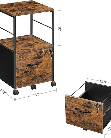 VASAGLE Filing Cabinet for Home Office, Printer Cabinet, Rolling File Cabinet with Drawer and Lock, for Suspended Folder, A4 and Letter Sized Documents, Industrial, Rustic Brown and Black UOFC044B01 - LeafyLoom