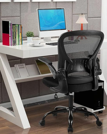 Mesh Office Chair, Ergonomic Computer Chair with Flip-up Arms and Lumbar Support, Height Adjustable Home Office Desk Chairs, Black - LeafyLoom