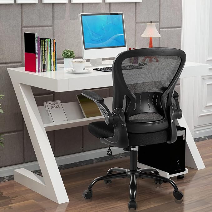 Mesh Office Chair, Ergonomic Computer Chair with Flip-up Arms and Lumbar Support, Height Adjustable Home Office Desk Chairs, Black - LeafyLoom
