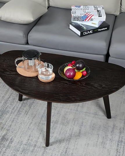 FIRMINANA Small Oval Coffee Table for Small Space,Mango Shape Tabletop，Simple Modern Table with OAK Legs, Black Walnut 18.9" D x 33.47" W x 15.75" H - LeafyLoom