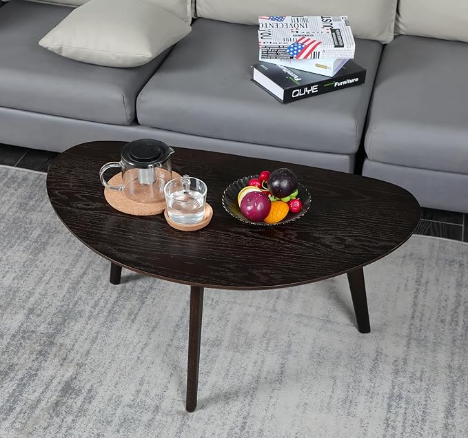 FIRMINANA Small Oval Coffee Table for Small Space,Mango Shape Tabletop，Simple Modern Table with OAK Legs, Black Walnut 18.9" D x 33.47" W x 15.75" H - LeafyLoom