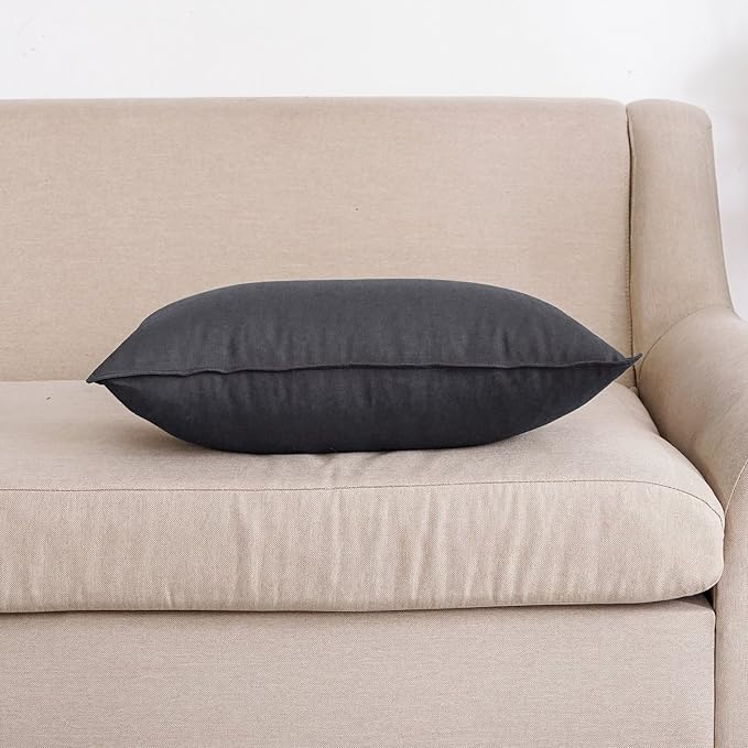 Jeanerlor Natural Cotton Linen Decorative Lumbar Throw Pillow Case Dark Grey Cushion Cover with Twin Needles Stitch on Edge,for Office/Coffee Shop 12"x20" 2 pack - LeafyLoom